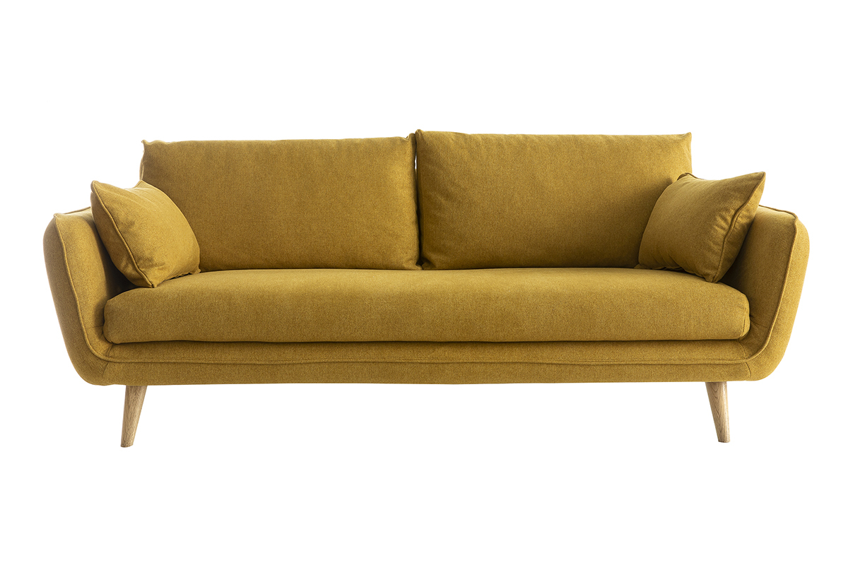 Canap� scandinave 3 places en tissu jaune cumin et bois clair CREEP