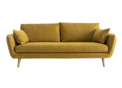 Canap&eacute; scandinave 3 places en tissu jaune cumin et bois clair CREEP