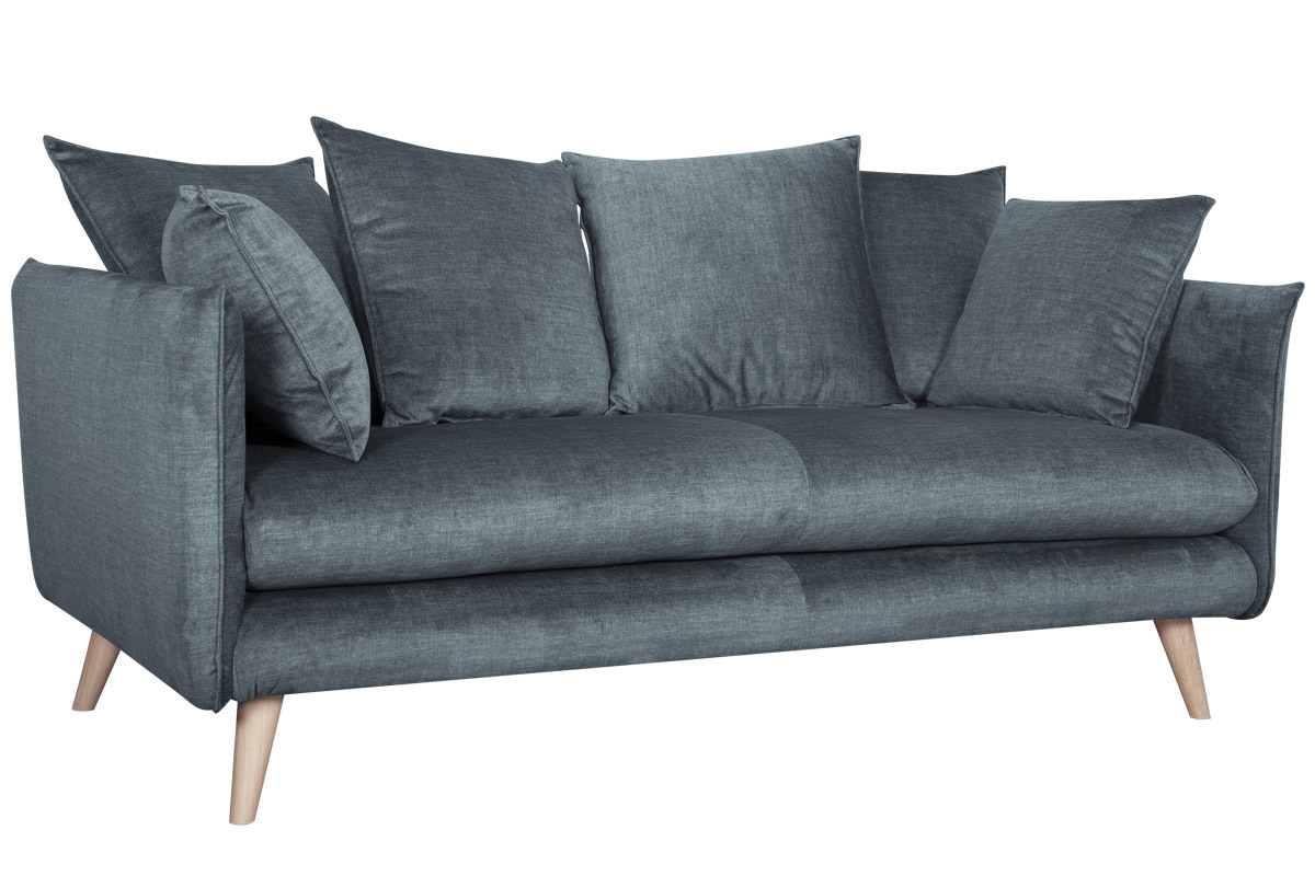 Canap� scandinave 3 places en tissu velours bleu gris et bois clair OLYMPIA