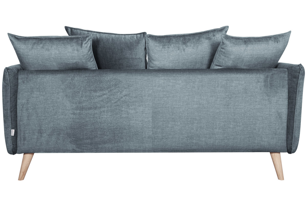 Canap� scandinave 3 places en tissu velours bleu gris et bois clair OLYMPIA