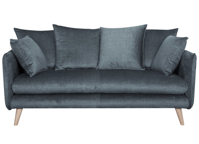 Canap&eacute; scandinave 3 places en tissu velours bleu gris et bois clair OLYMPIA