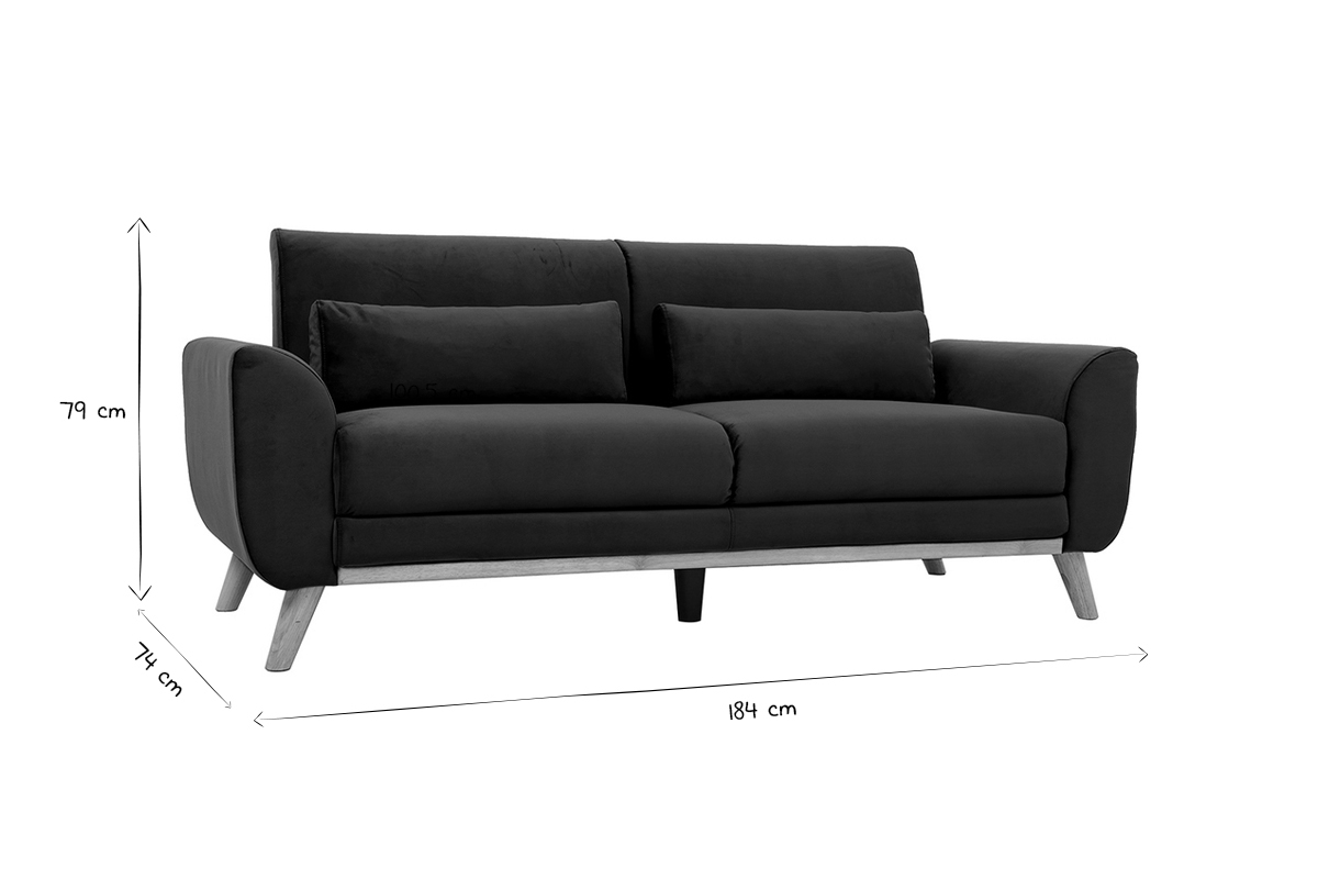 Canap� scandinave 3 places en noir et blanc, dimensions affich�es : 79x74x184 cm.