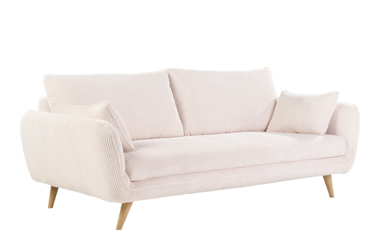 Canap� scandinave 3 places en tissu velours c�tel� �cru et bois clair CREEP