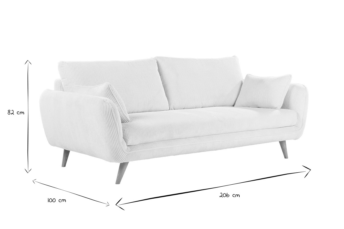 Canap� scandinave 3 places en tissu velours c�tel� �cru et bois clair CREEP