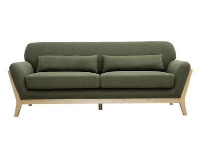 Canap&eacute; scandinave 3 places en tissu vert kaki et bois clair YOKO