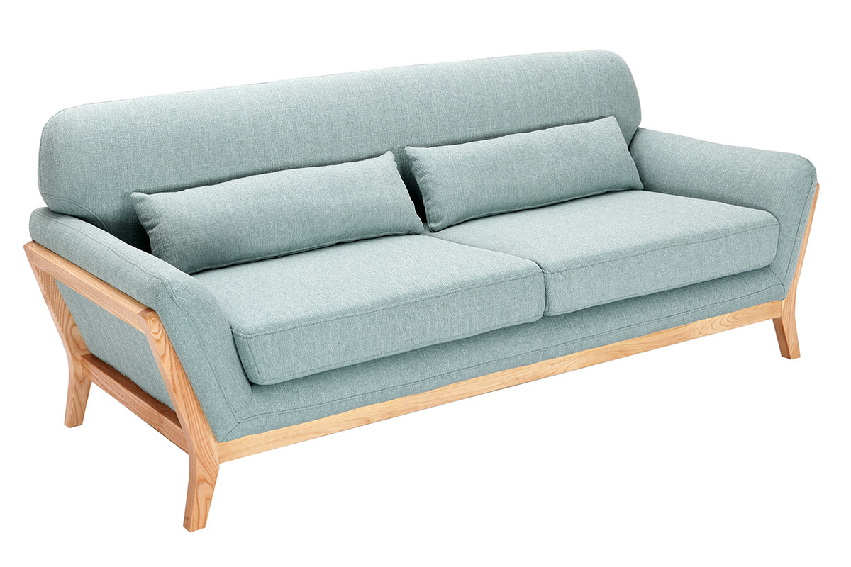 Canap� scandinave 3 places en tissu vert lagon et bois clair YOKO
