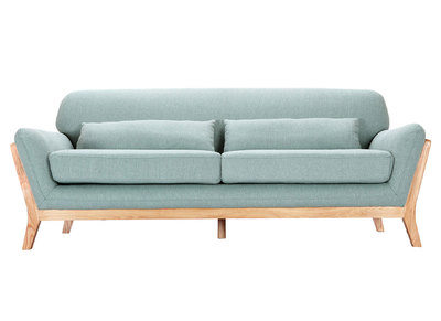 Canap&eacute; scandinave 3 places en tissu vert lagon et bois clair YOKO