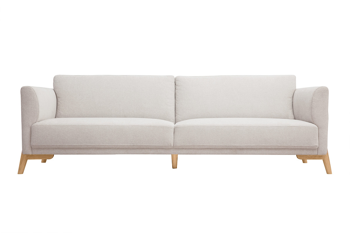 Canap� scandinave 4 places beige en tissu effet velours et bois clair, vue de face.