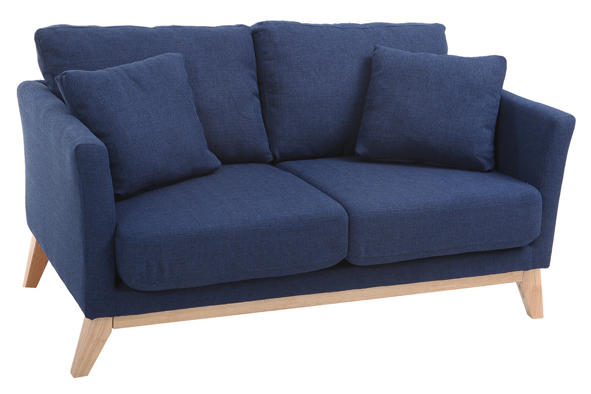 Canap� scandinave 2 places en tissu bleu fonc� et bois clair, vue de haut 3/4.