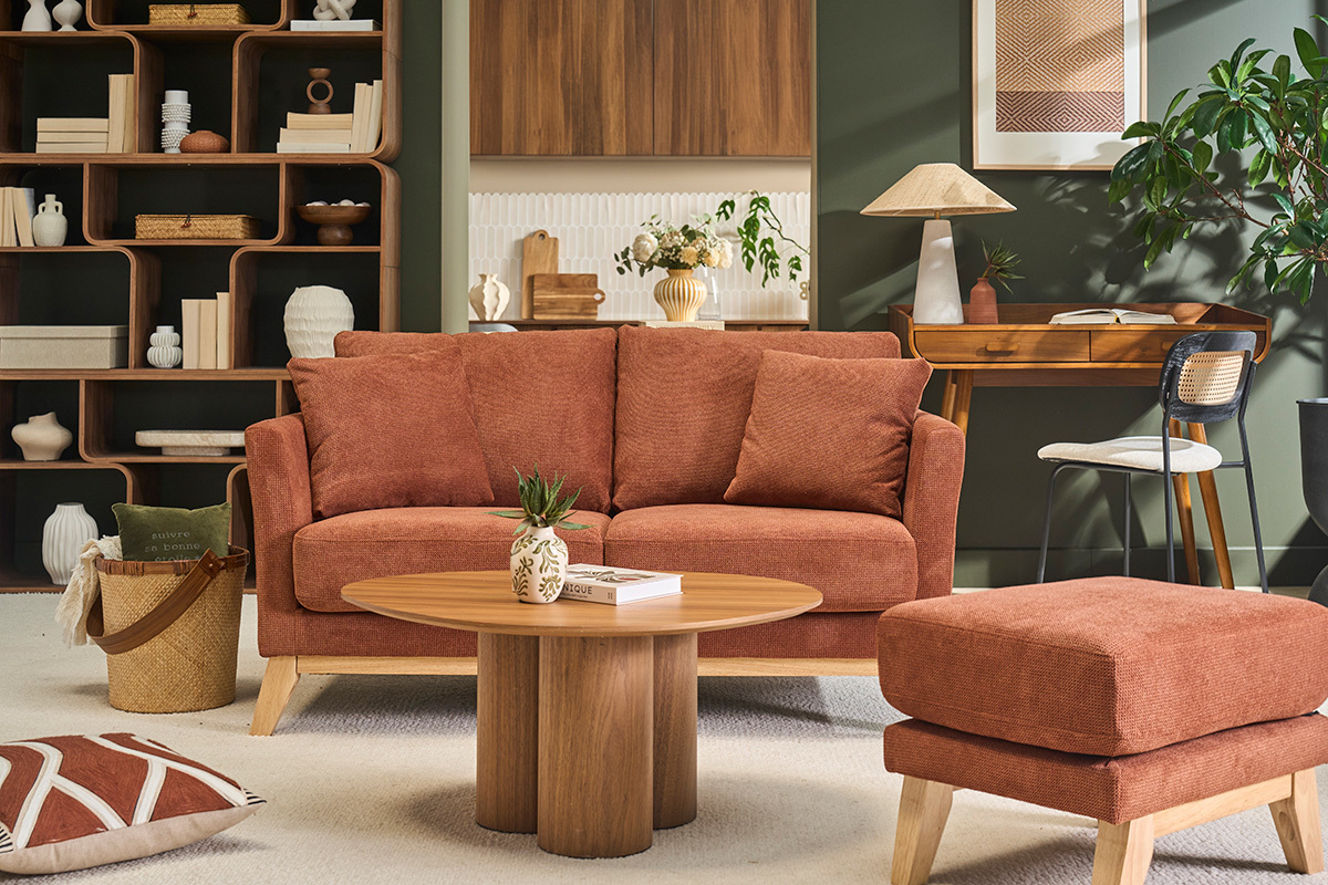 Canap� scandinave d�houssable 2 places en tissu chenille terre br�l�e et bois clair OSLO