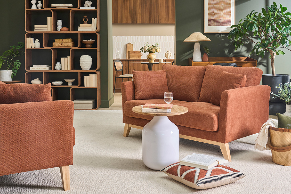 Canap� scandinave d�houssable 2 places en tissu chenille terre br�l�e et bois clair OSLO