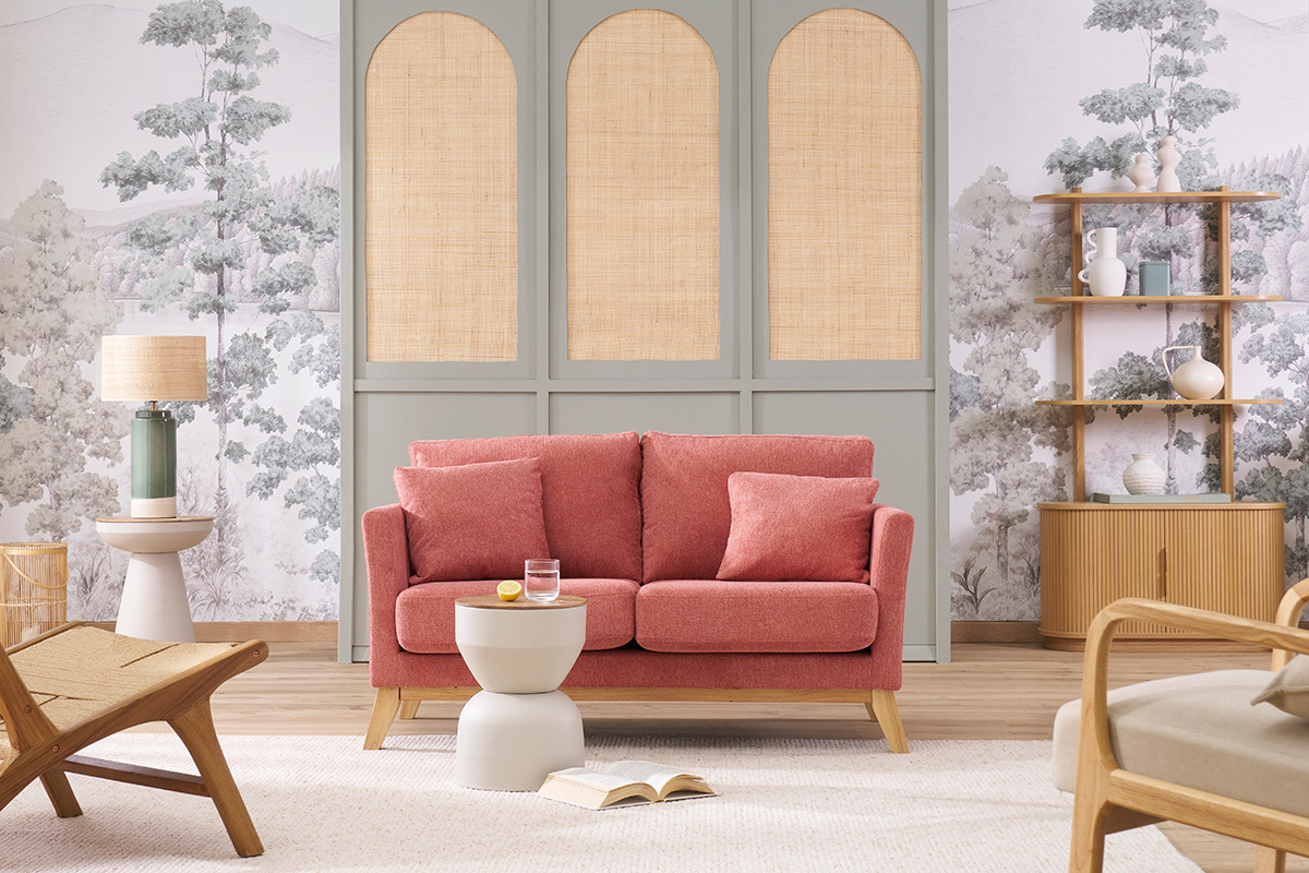 Canap� scandinave d�houssable 2 places en tissu effet velours textur� taupe et bois clair OSLO
