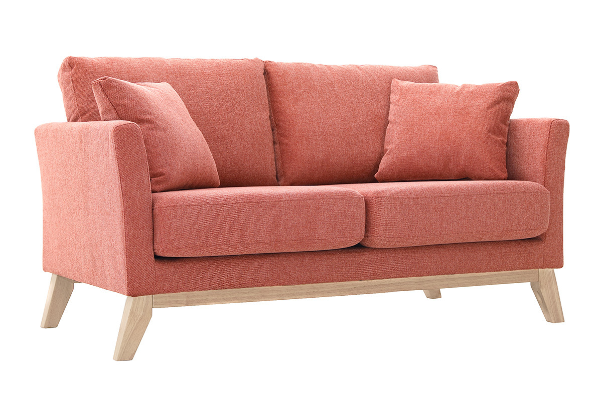 Canap� scandinave d�houssable 2 places en tissu effet velours textur� terracotta et bois clair OSLO
