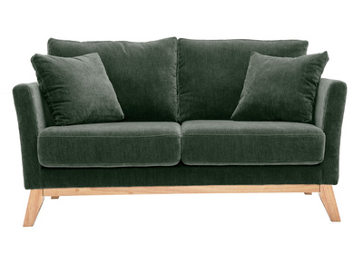 Canap&eacute; scandinave d&eacute;houssable 2 places en tissu effet velours vert kaki et bois clair OSLO
