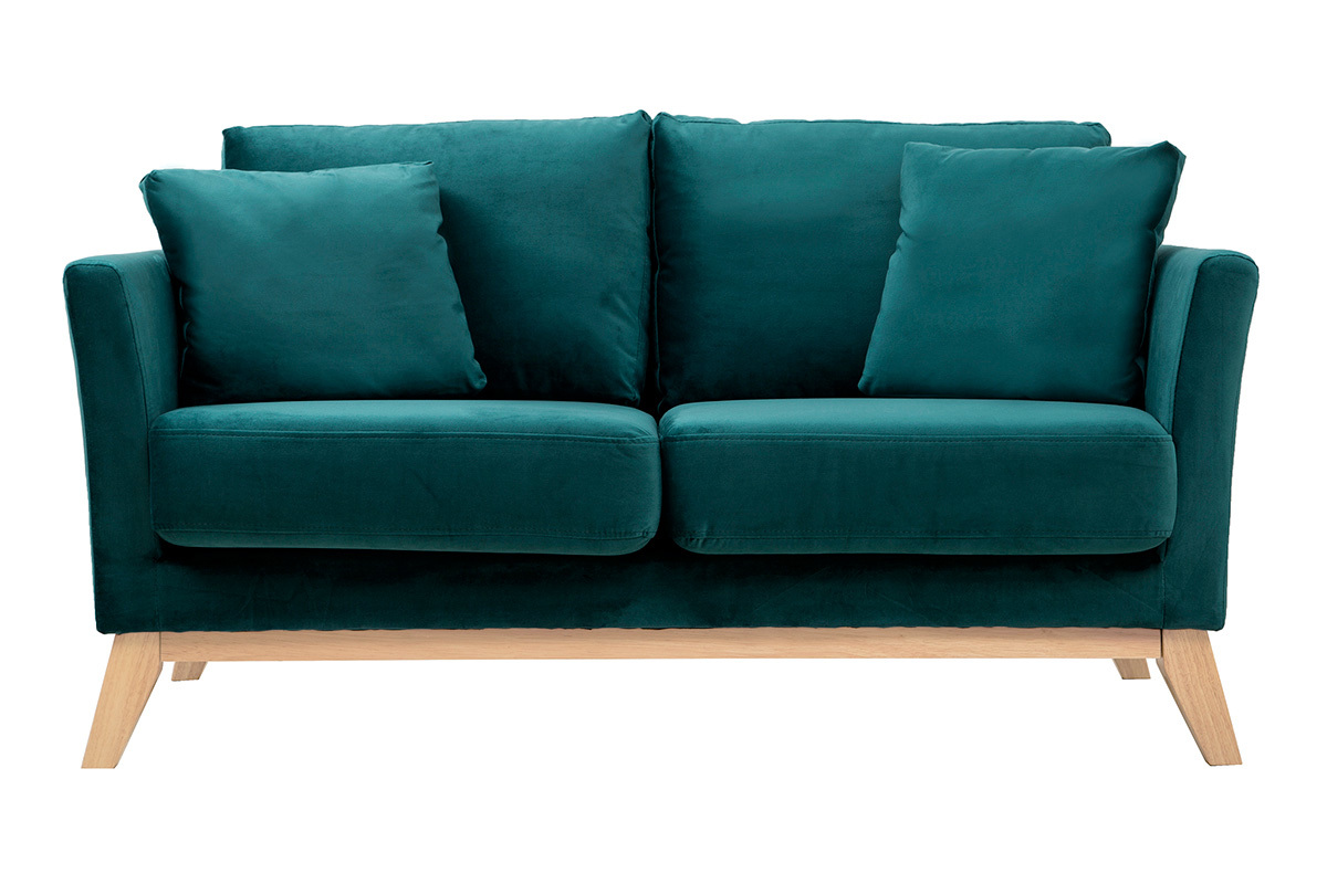 Canap� scandinave 2 places en velours bleu p�trole avec pieds en bois clair, vue de face.