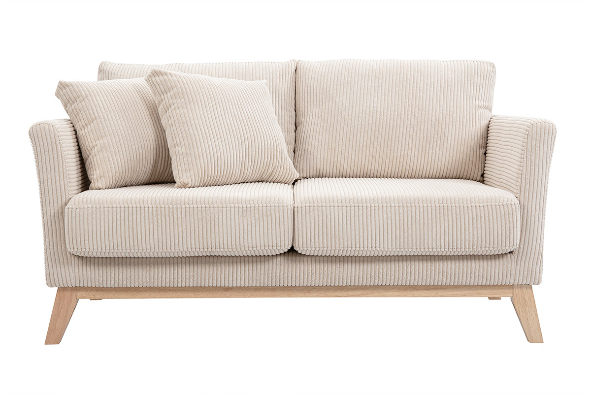 Canap� scandinave d�houssable 2 places en tissu velours c�tel� beige et bois clair OSLO