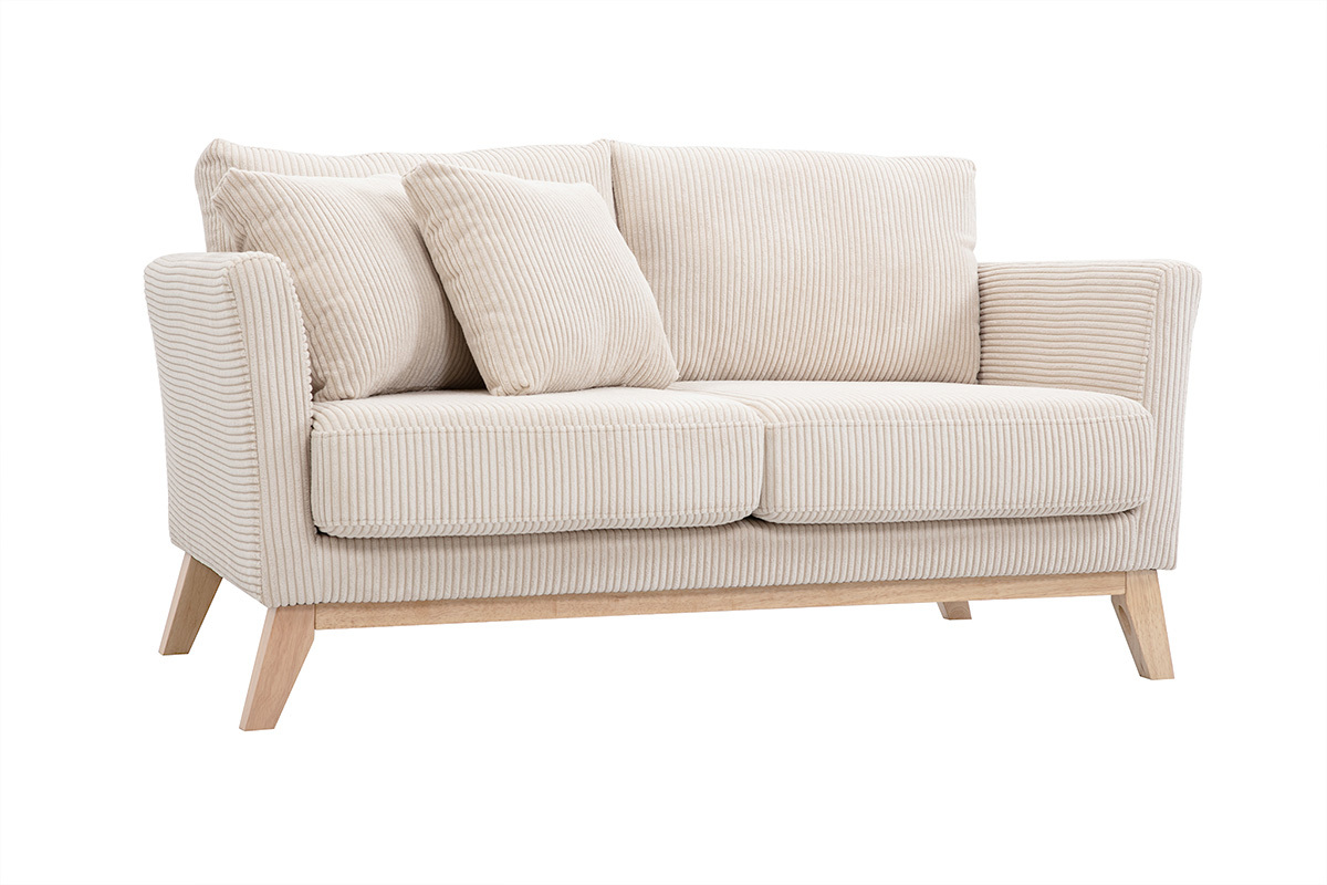 Canap� scandinave d�houssable 2 places en tissu velours c�tel� beige et bois clair OSLO