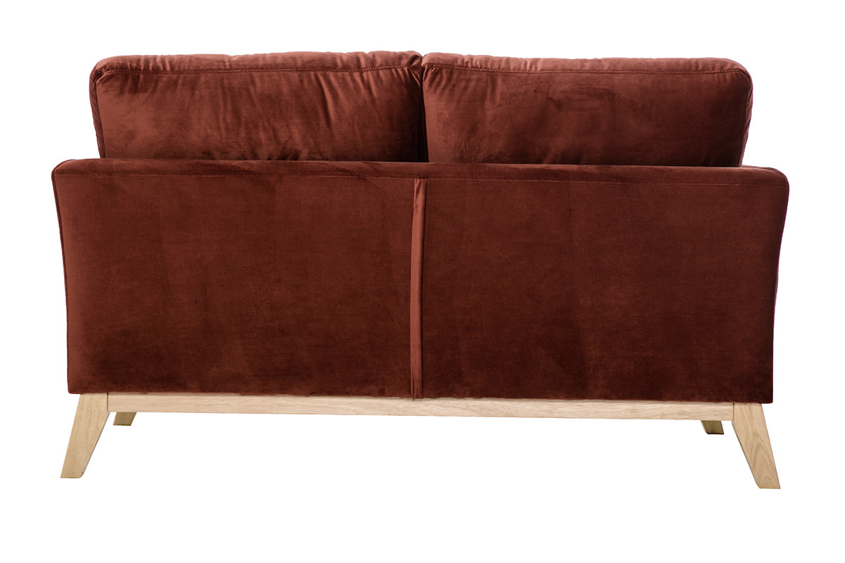 Canap� scandinave 2 places en velours rouge vu de dos, pieds en bois clair.