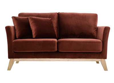 Canap&eacute; scandinave d&eacute;houssable 2 places en tissu velours rouge tomette et bois clair OSLO