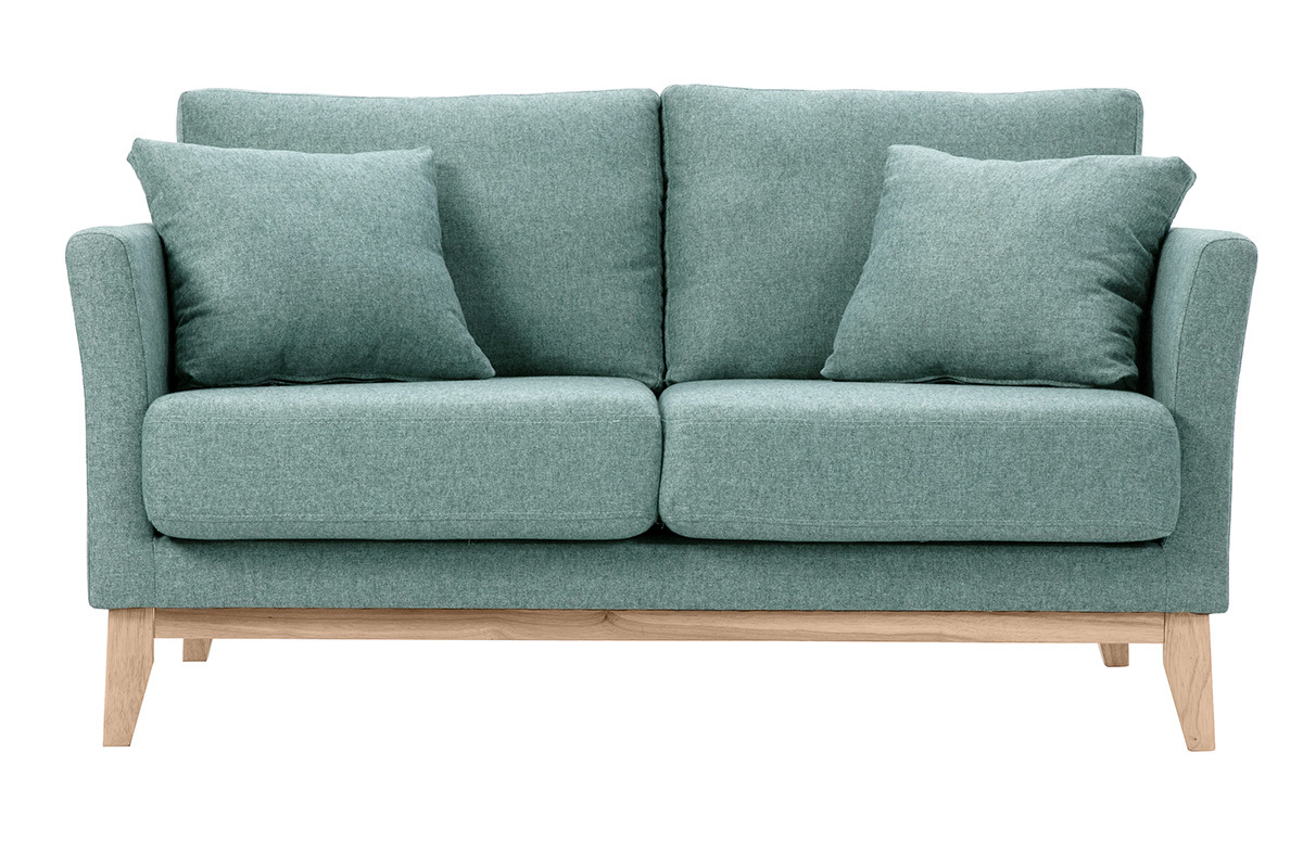 Canap� scandinave vert de gris 2 places en tissu, pieds bois clair, vue de face.