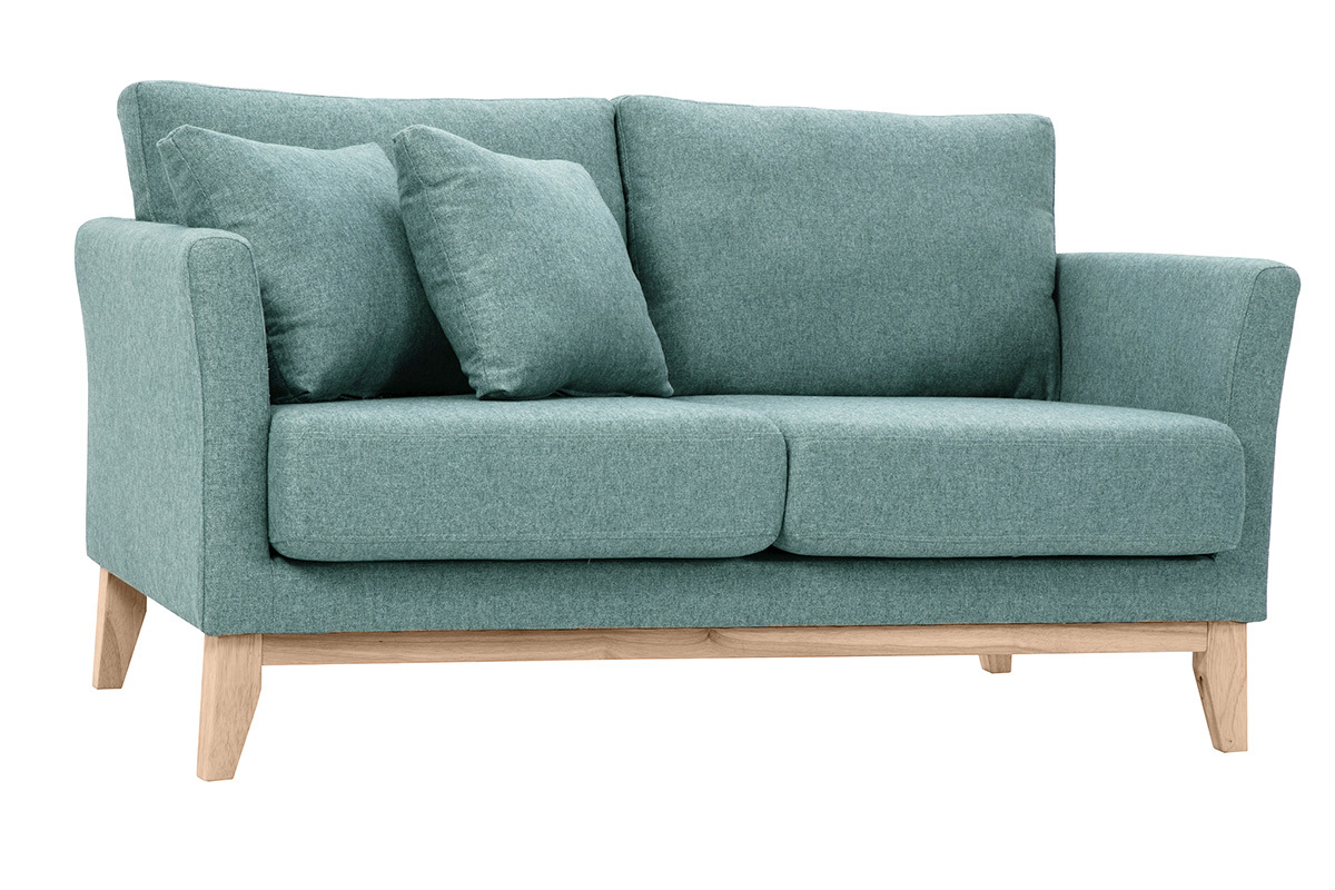 Canap� scandinave 2 places en tissu vert de gris avec pieds en bois clair, vue de 3/4.