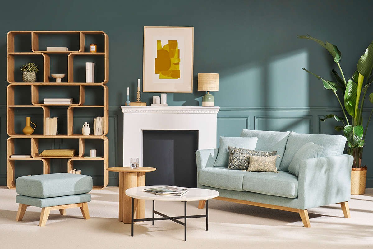 Canap� scandinave d�houssable 2 places en tissu vert lagon et bois clair OSLO