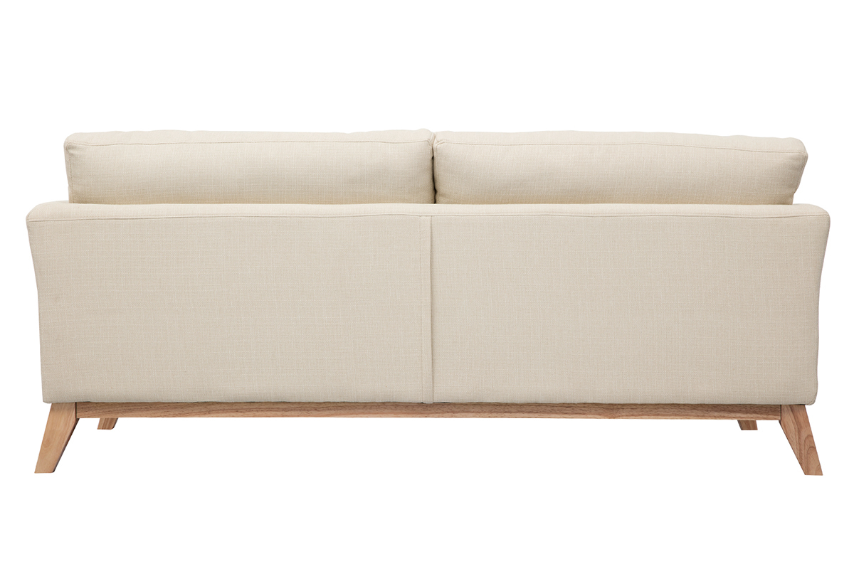 Vue arri�re du canap� scandinave d�houssable 3 places en tissu beige et bois clair.