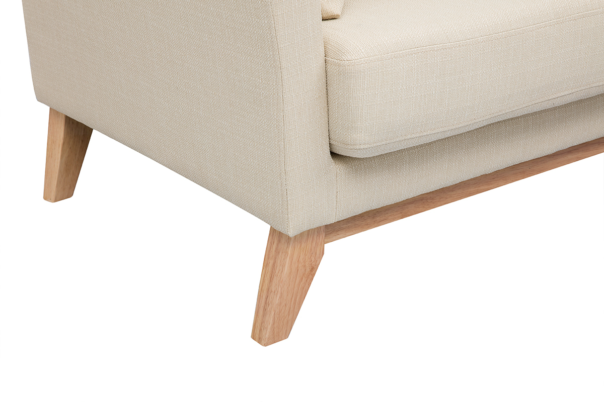 Vue en angle d'un canap� scandinave beige avec pieds en bois clair.