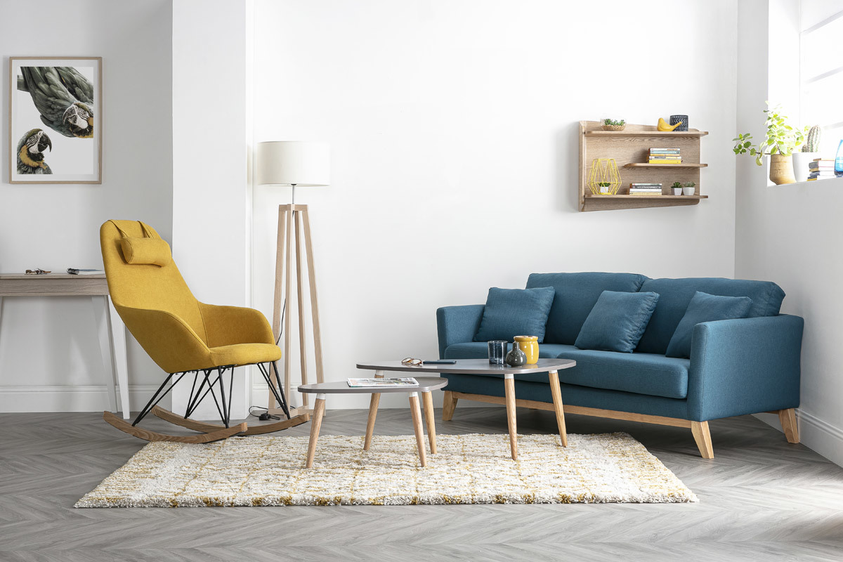 Canap� scandinave d�houssable 3 places en tissu bleu canard et bois clair OSLO
