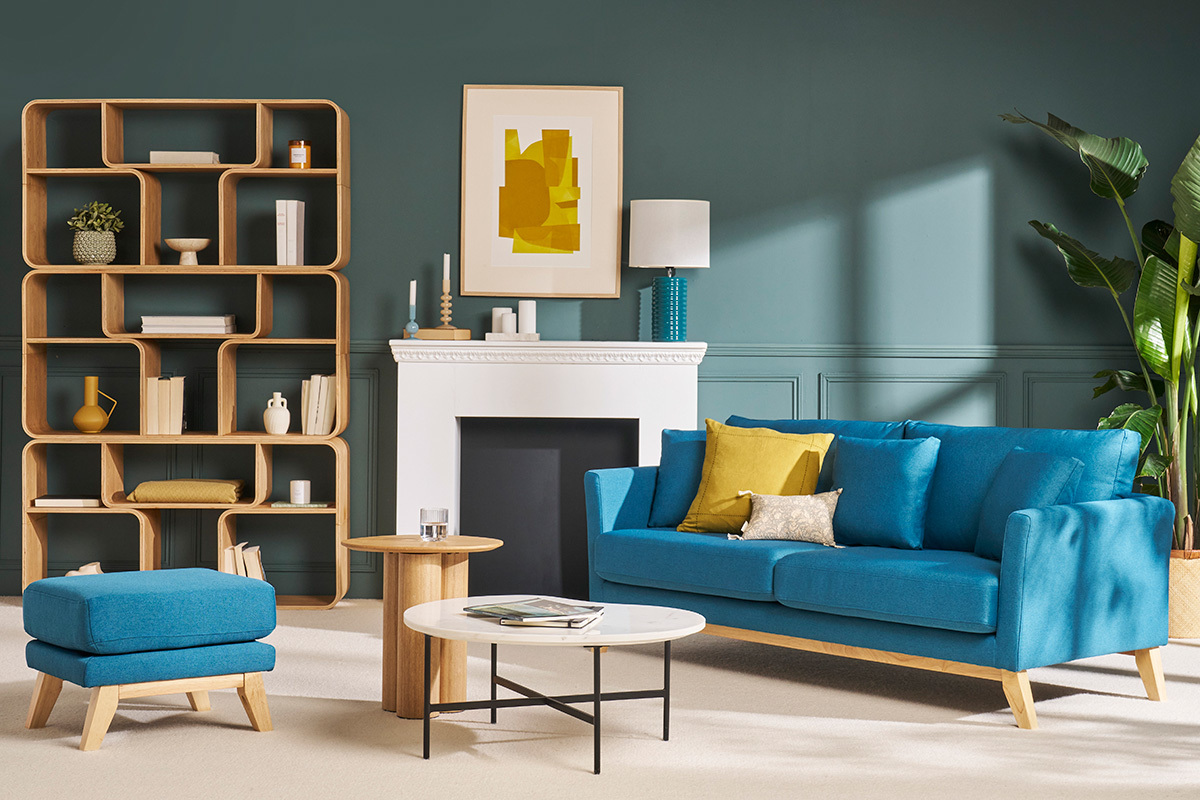Canap� scandinave d�houssable 3 places en tissu bleu canard et bois clair OSLO