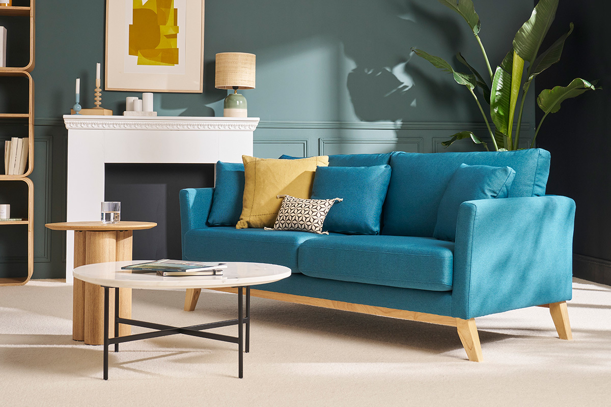 Canap� scandinave d�houssable 3 places en tissu bleu canard et bois clair OSLO