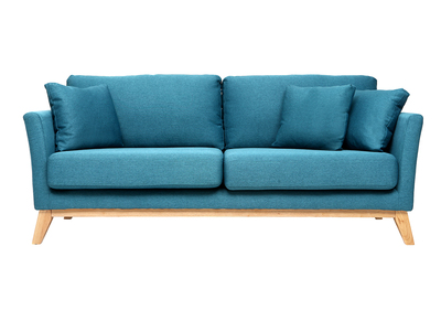 Canap&eacute; scandinave d&eacute;houssable 3 places en tissu bleu canard et bois clair OSLO