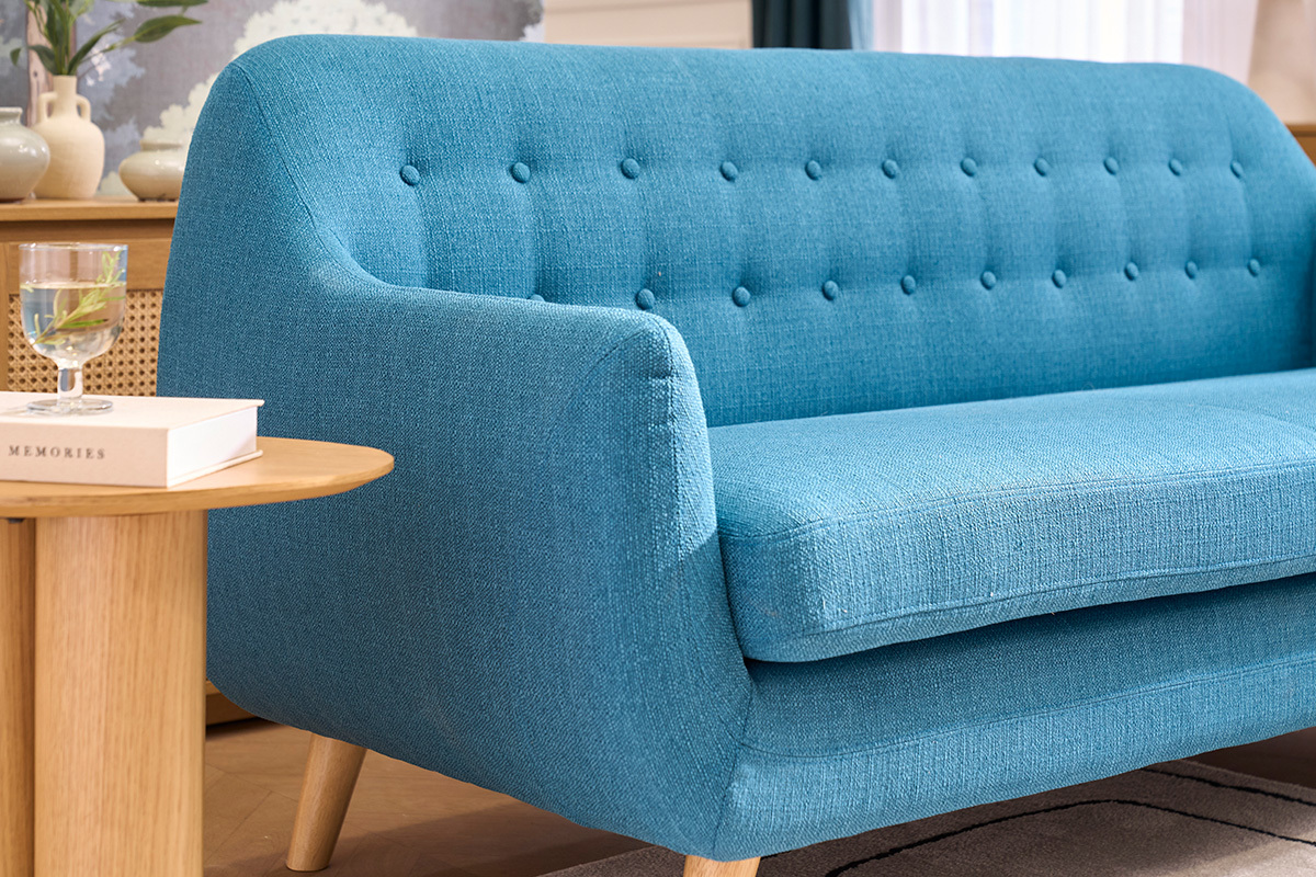 Canap� scandinave d�houssable 3 places en tissu bleu canard et bois clair YNOK