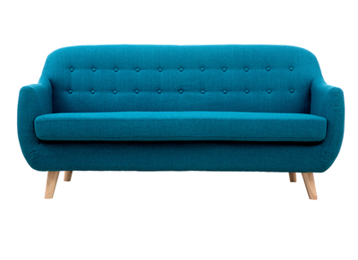 Canap&eacute; scandinave d&eacute;houssable 3 places en tissu bleu canard et bois clair YNOK