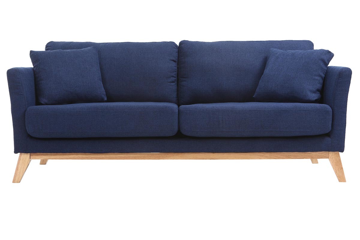 Canap� scandinave 3 places en tissu bleu et pieds bois clairs, vue de face.