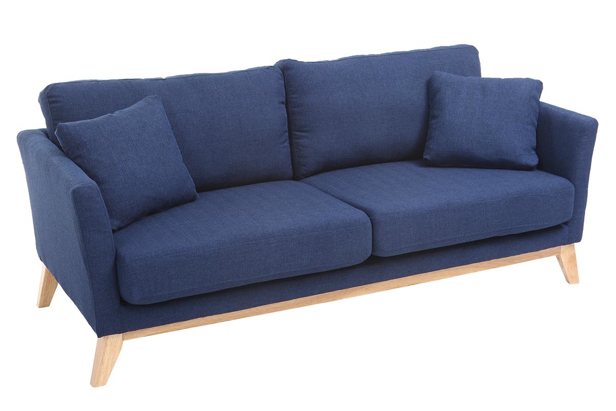 Canap� scandinave bleu fonc� 3 places, pieds en bois clair, vue de haut 3/4.
