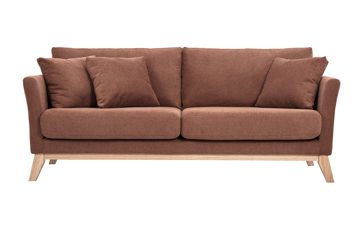 Canap� scandinave 3 places en tissu chenille terre br�l�e avec pieds en bois clair, vue de face.