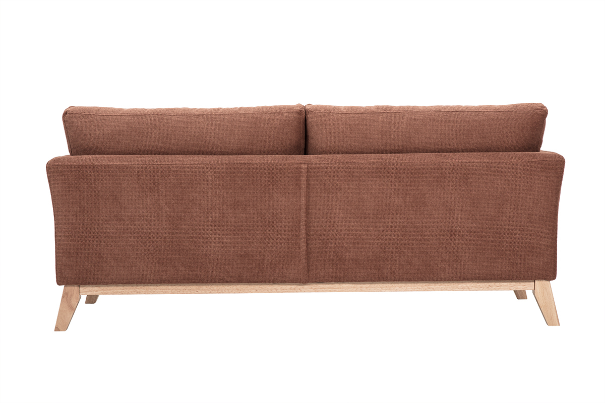 Vue arri�re d'un canap� scandinave 3 places en tissu chenille terre br�l�e et bois clair.
