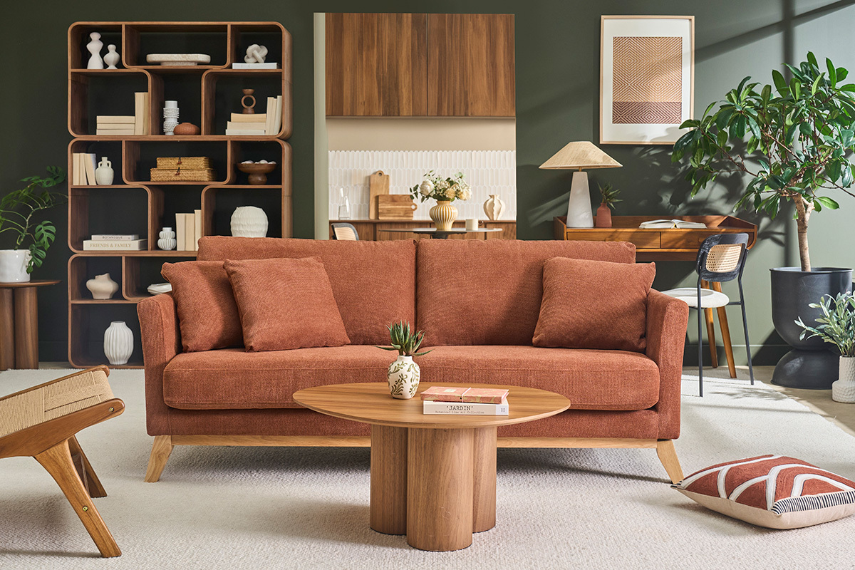 Canap� scandinave d�houssable 3 places en tissu chenille terre br�l�e et bois clair OSLO