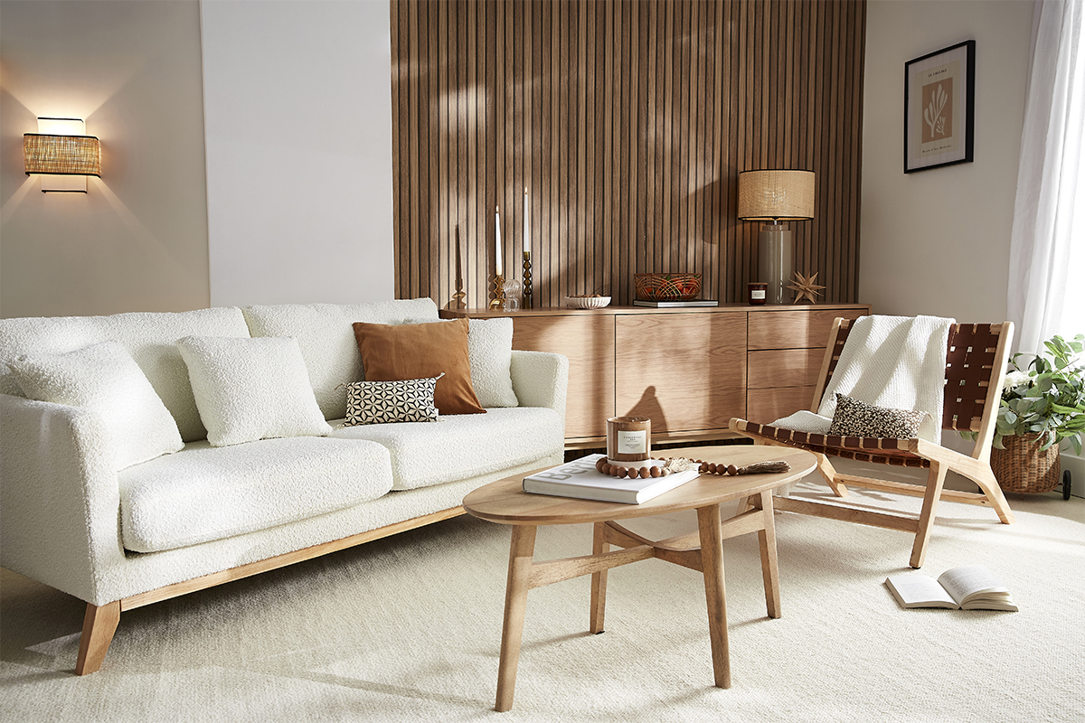 Canap� scandinave d�houssable 3 places en tissu effet laine boucl�e blanc cass� et bois clair OSLO