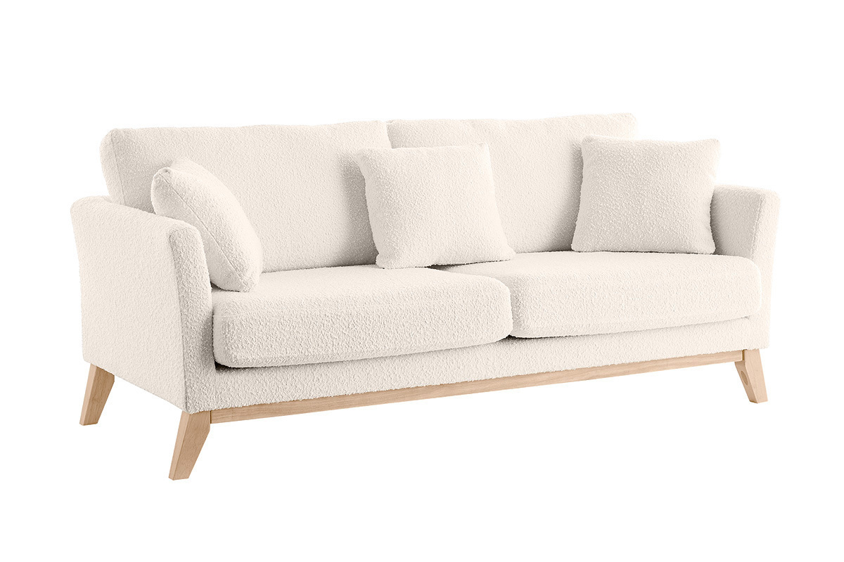 Canap� scandinave d�houssable 3 places en tissu effet laine boucl�e blanc cass� et bois clair OSLO