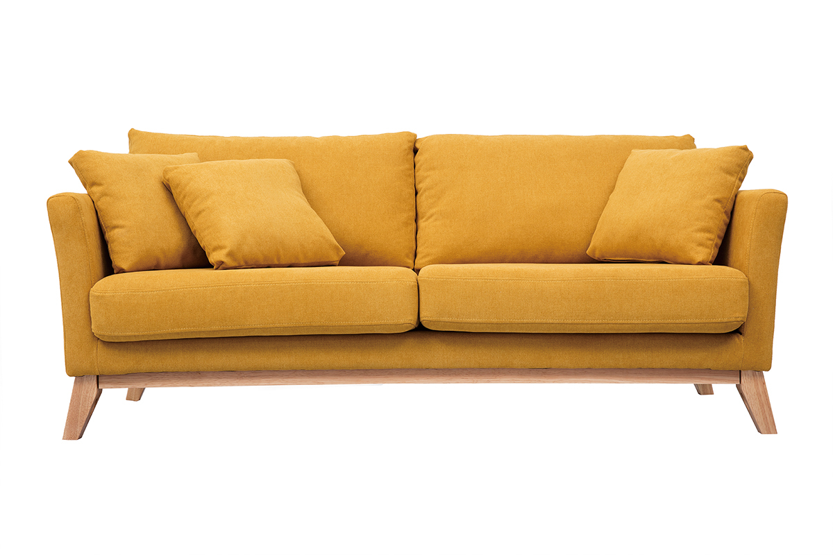 Canap� scandinave d�houssable 3 places en tissu effet velours jaune moutarde et bois clair OSLO