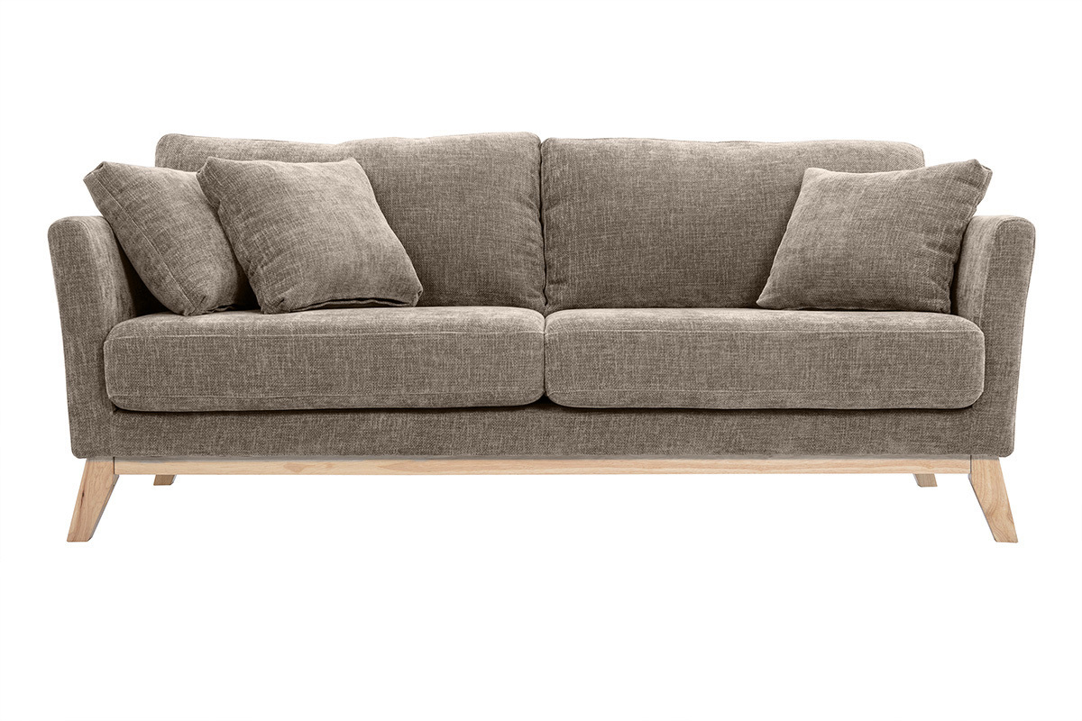 Canap� scandinave d�houssable 3 places en tissu effet velours textur� taupe et bois clair OSLO