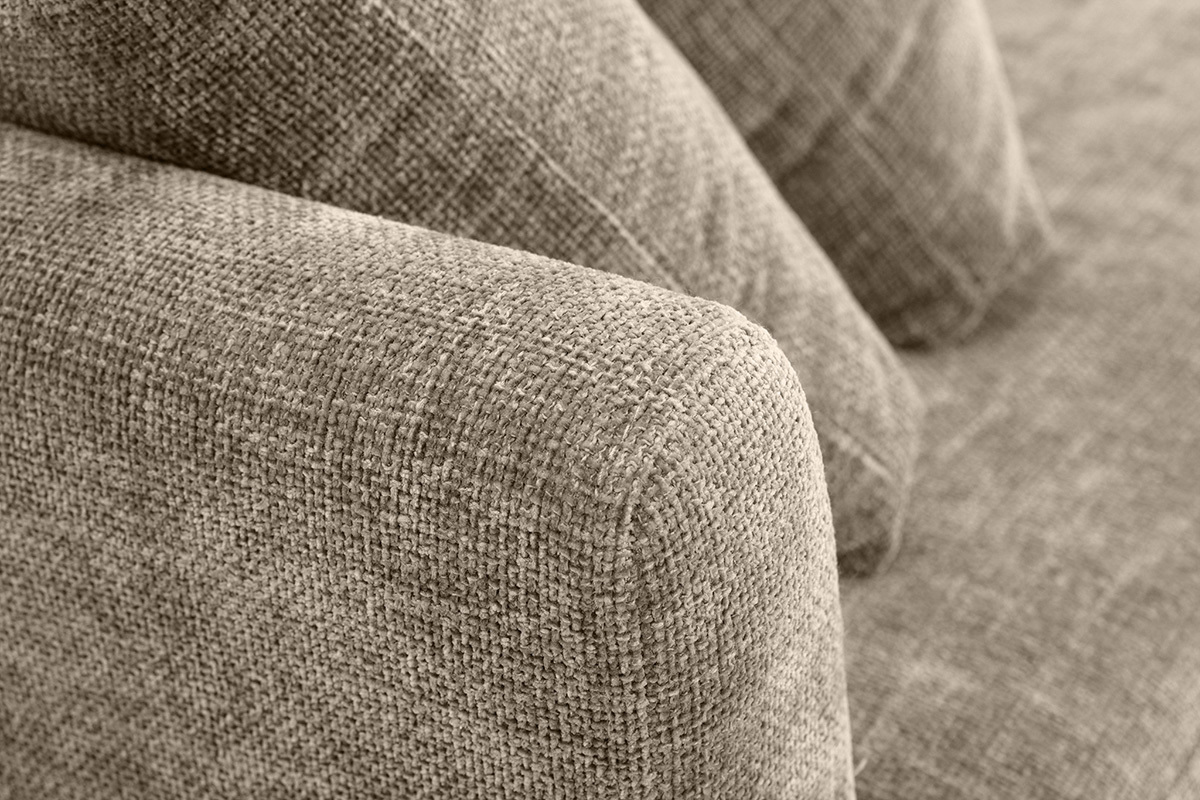 Canap� scandinave d�houssable 3 places en tissu effet velours textur� taupe et bois clair OSLO