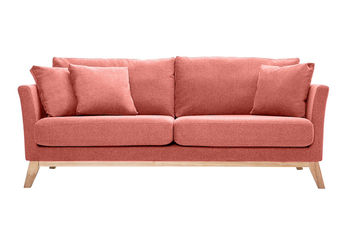 Canap� scandinave d�houssable 3 places en tissu effet velours textur� terracotta et bois clair OSLO