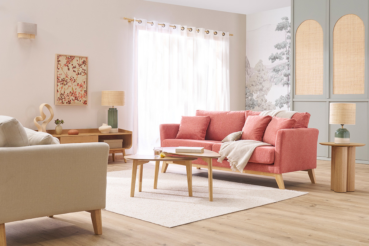 Canap� scandinave d�houssable 3 places en tissu effet velours textur� terracotta et bois clair OSLO