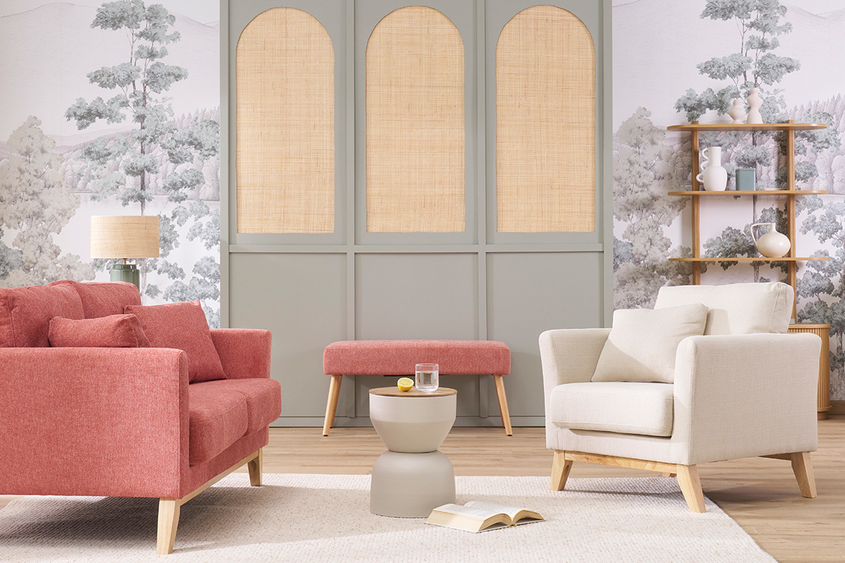 Canap� scandinave d�houssable 3 places en tissu effet velours textur� terracotta et bois clair OSLO