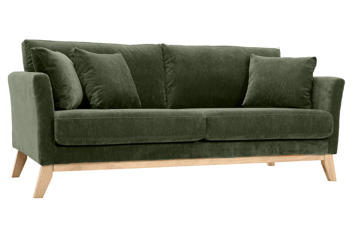 Canap� scandinave 3 places en tissu vert kaki avec pieds en bois clair, vue de trois quarts.