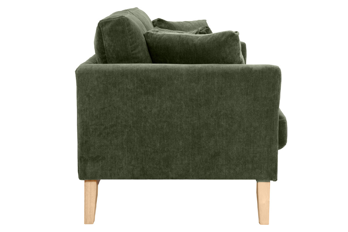 Canap� scandinave vert kaki en tissu velours, vue lat�rale, pieds en bois clair.