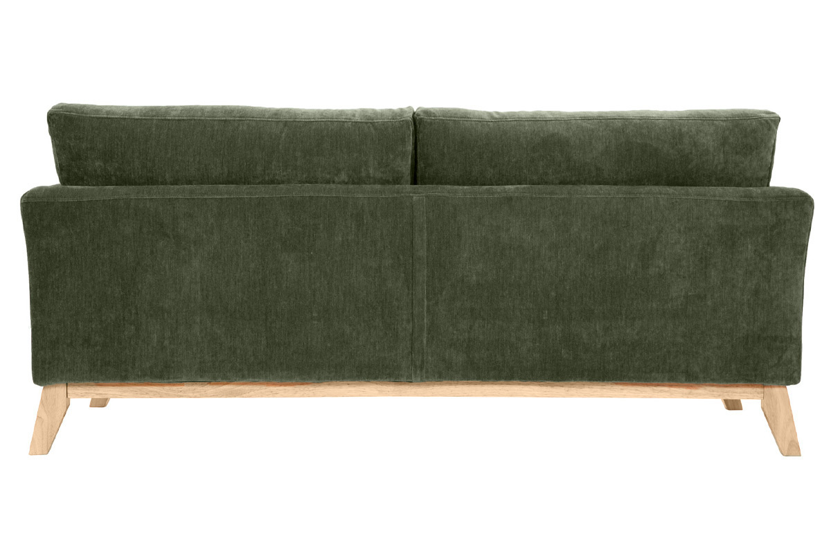 Canap� scandinave vert kaki, vue arri�re, pieds en bois clair.